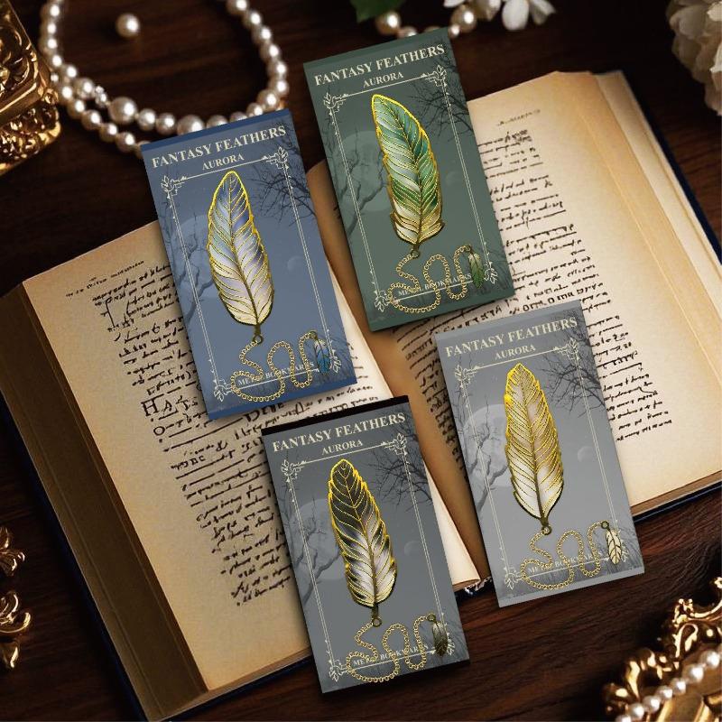 Vintage Feather Gold Stamped Metal Bookmark with Metal Chain Pendant Exquisite Bookmark Book Page Divider Office Stationery