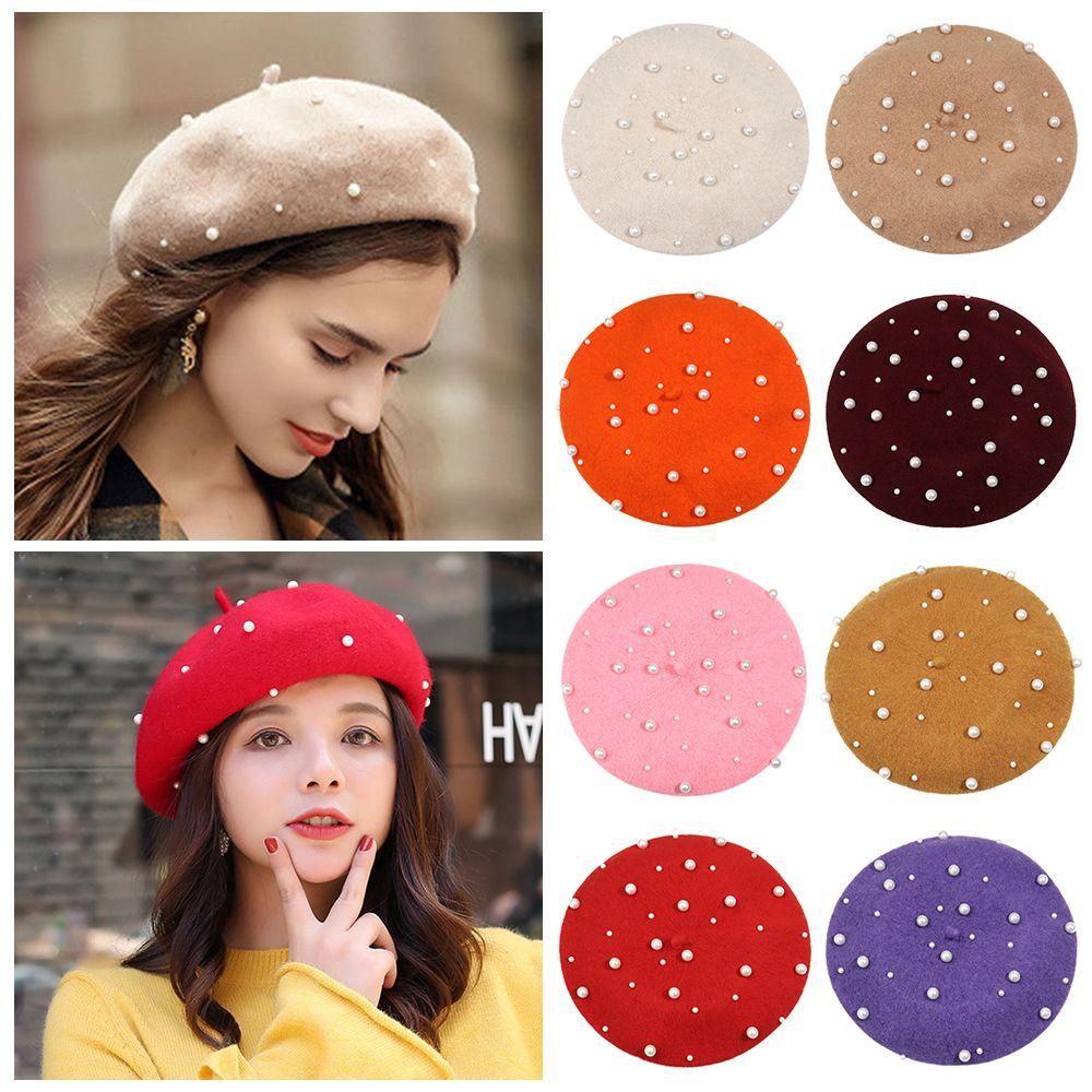Winter Pearl Elegant Vintage Warm Wool Beret Hat Painter Hat French Artist Cap