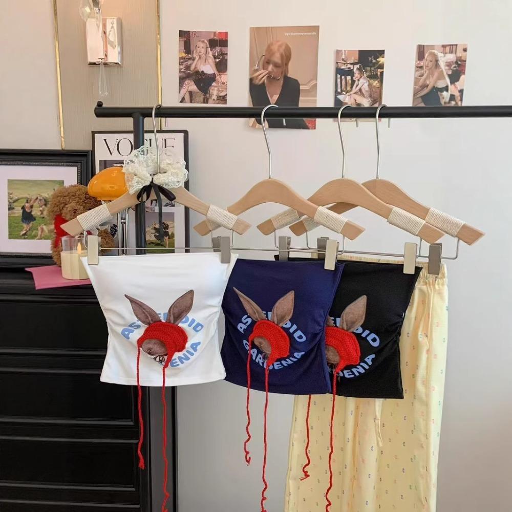 Sleeveless Bandeau Top for Women with Built - In Bra Featuring Little Red Riding Hood Rabbit and Letter Prints. Slim - Fitting Spicy Girl Inner