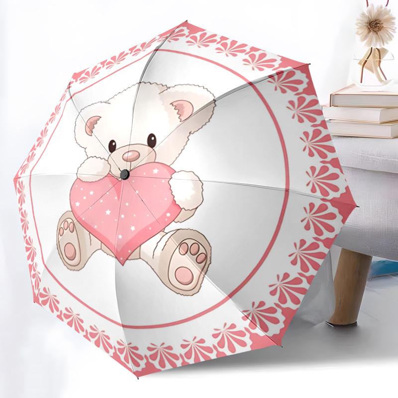 1pc Teddy Bear Heart Pink Automatic Umbrella Portable Home Essential Umbrella, Iron Umbrella Structure Suitable for All Seasons Yy251123132