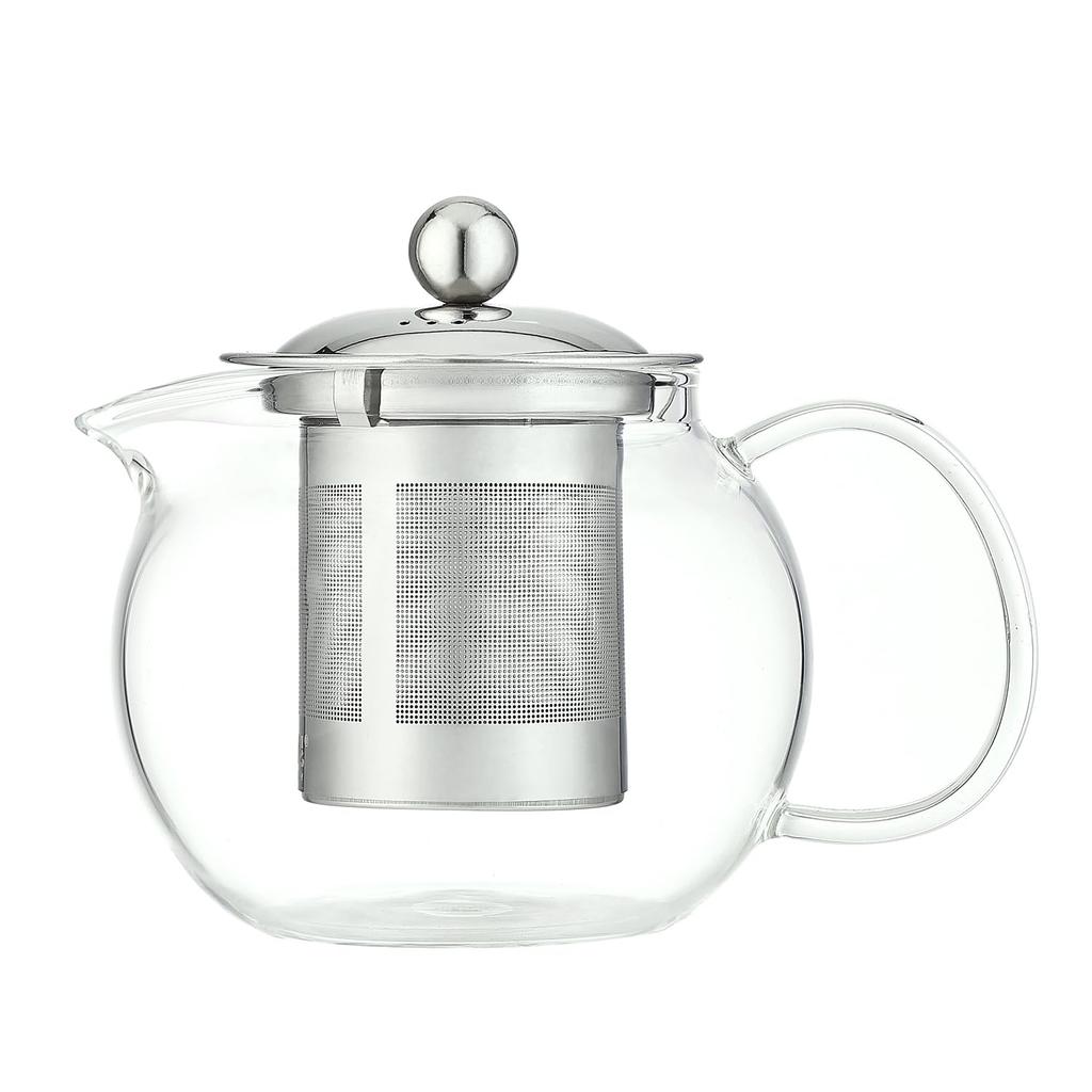 Pokaro Tea Teapot, Heat-Resistant Glass, Perfectly Round, 650ml, with Stainless Steel Strainer, Suitable for Fine-Leaf Tea, Shatter-Resistant,