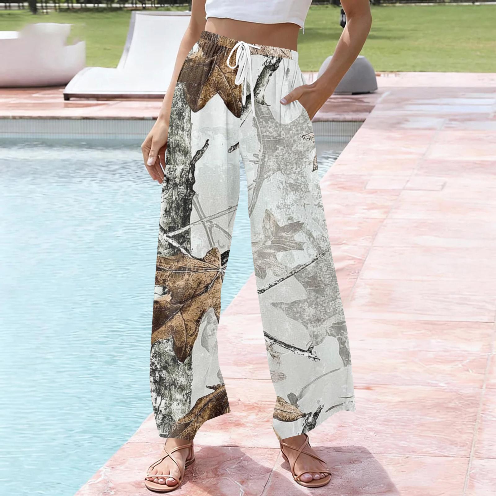 

Women s Casual Printed Wide Leg Drawstring Pocket Beach Casual Pants XL світло-сірий колір