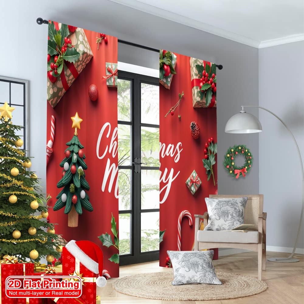 2pcs 2D flat printing Christmas Window Curtains Christmas Merry Gifts Trees Fabric Without Electricity Birthday Party Perfect
