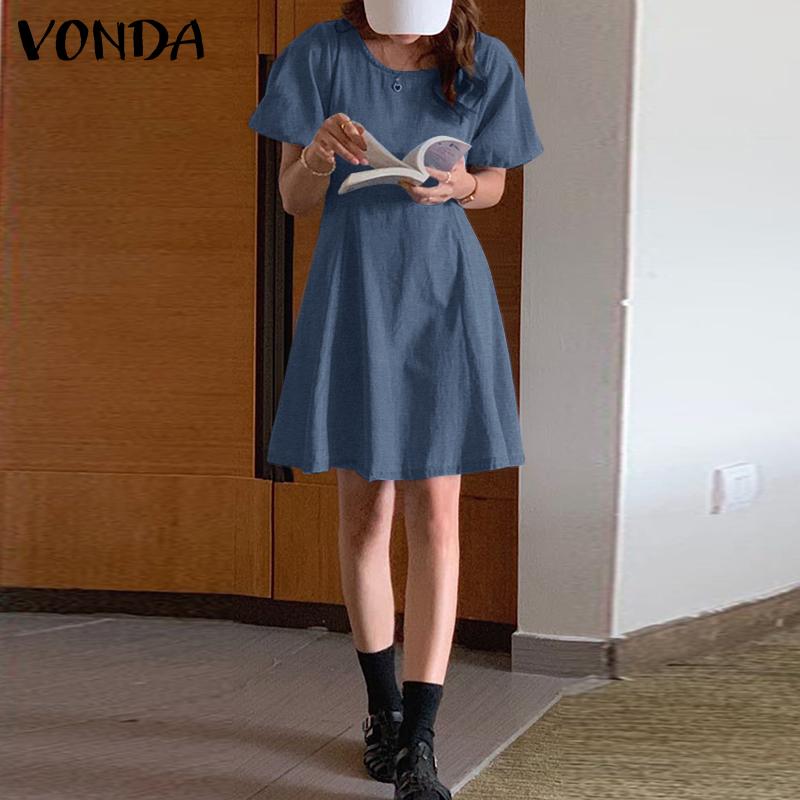 

VONDA женские летние свободные джинсовые платья с круглым вырезом и пышными рукавами и подолом