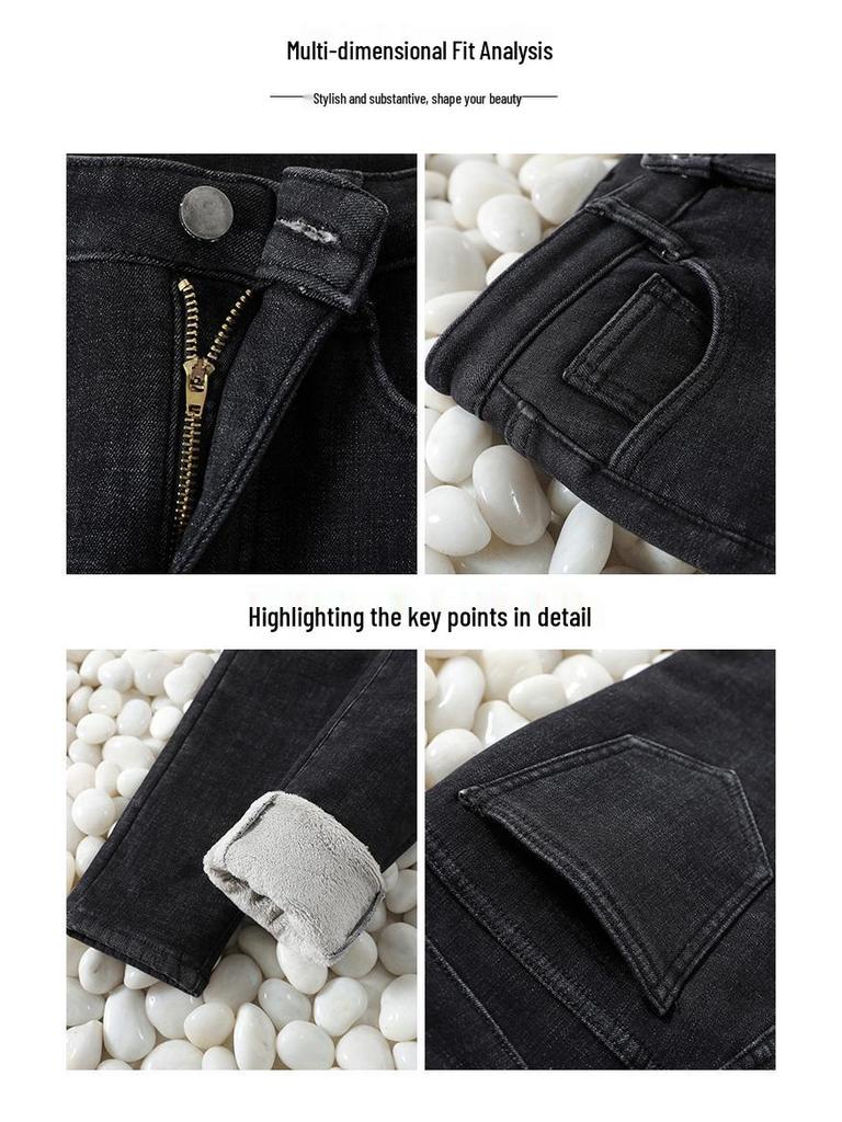 Jeans Skinny Negros para Mujer con Forro de Forro Polar, Extra Largos, de Cintura Alta, Ajuste Delgado, Primavera/Otoño 2023.