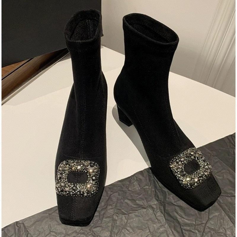 

Осень Зима Роскошные Ботильоны Женские Сапоги на Высоком Каблуке Модные Сапоги на Толстом Каблуке Короткие Сапоги Квадратная Обувь Модные Черные Короткие Ботильоны 40 чёрный