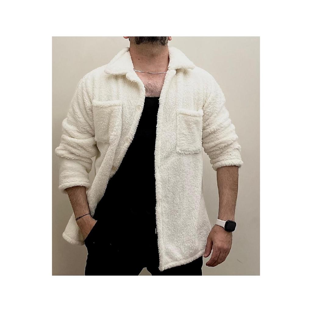 2-piece Men's Plush Jacket With Pockets - Gray Black Winter Shirt Collar