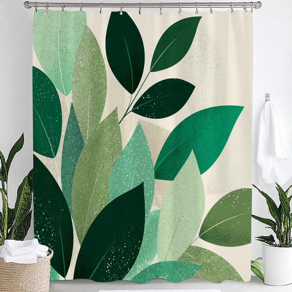Simple Leaf Pattern Shower Curtain, Bathroom Decorative Leaves Shower Curtains, Home Printed Polyester Fabric Curtain with Hooks