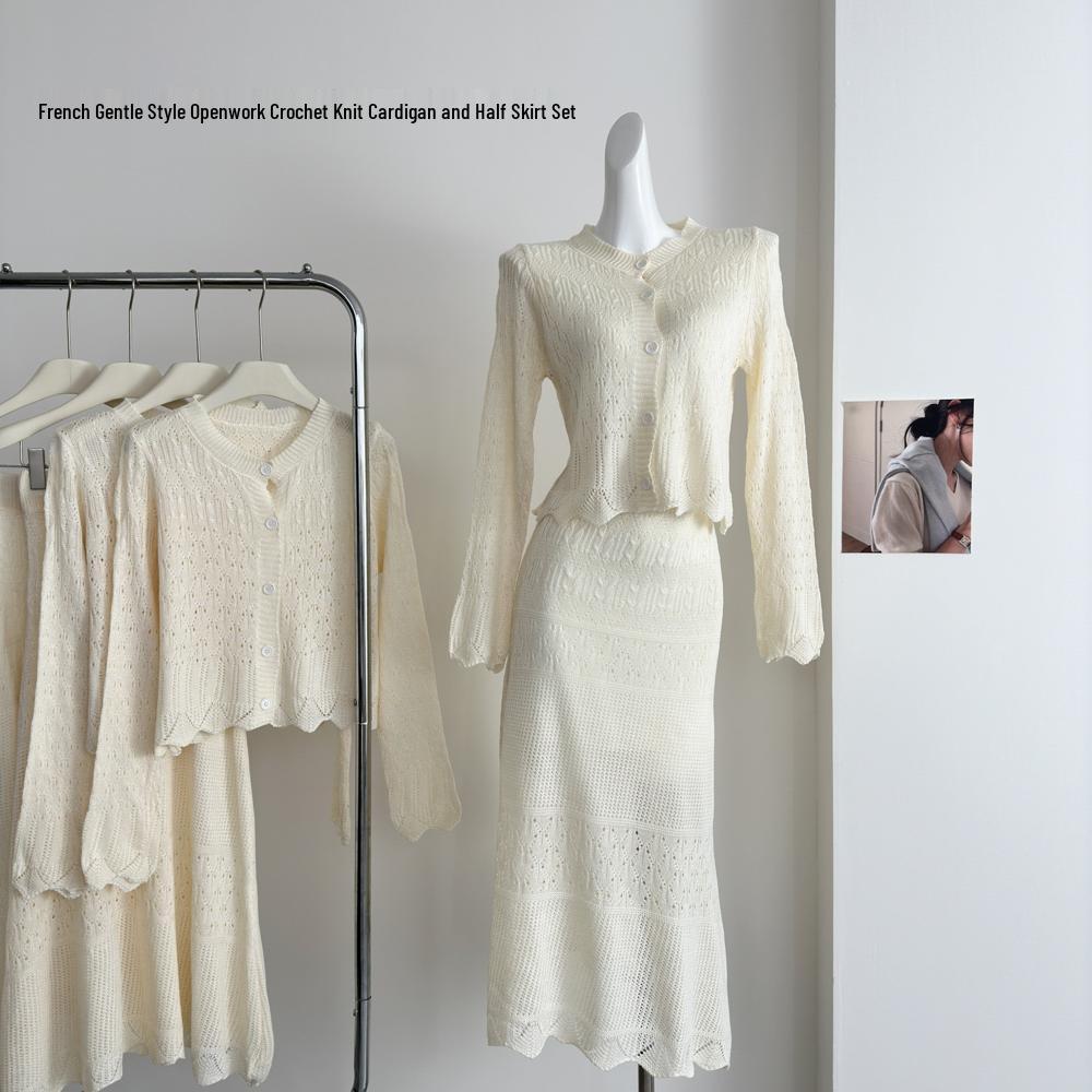 

Hepburn-Style Retro French Crochet Cardigan & Skirt Set M (45-50kg)