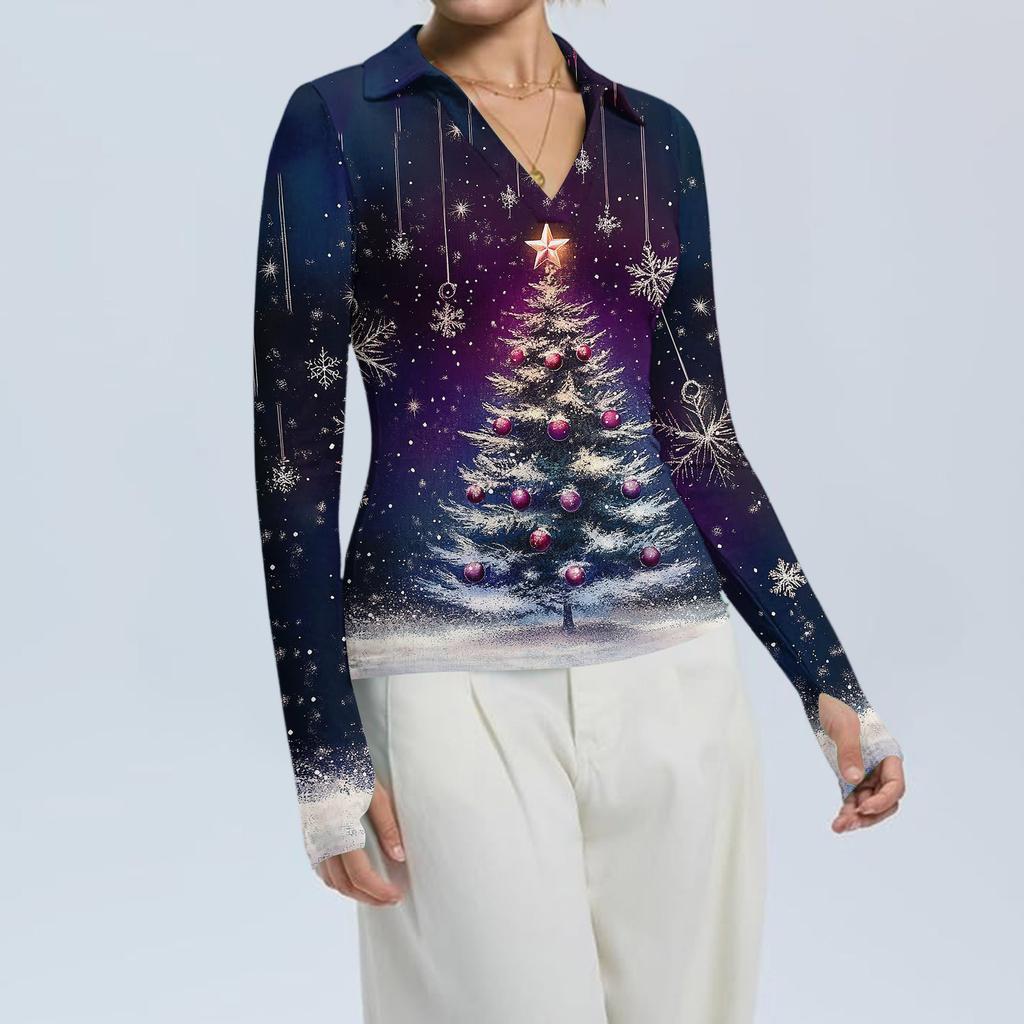 Damenmode Lässig Weihnachts-Print V-Ausschnitt Langarm Knopfleiste Oberteil