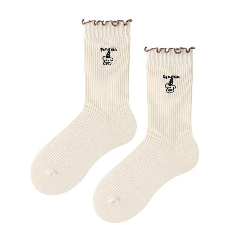 Cartoon-embroidered Socks for Women, Spring and Autumn, Thin and Versatile Mid-calf Socks, Sweet Black Ear-trimmed Pile Socks