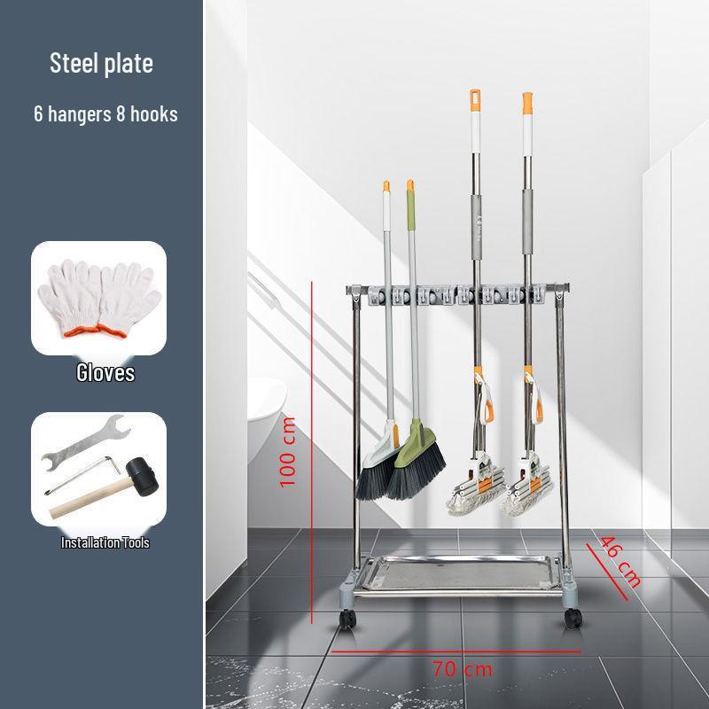 Movable Stainless Steel Mop Storage Rack with Hooks for Floor-Standing Draining in Schools and Factories