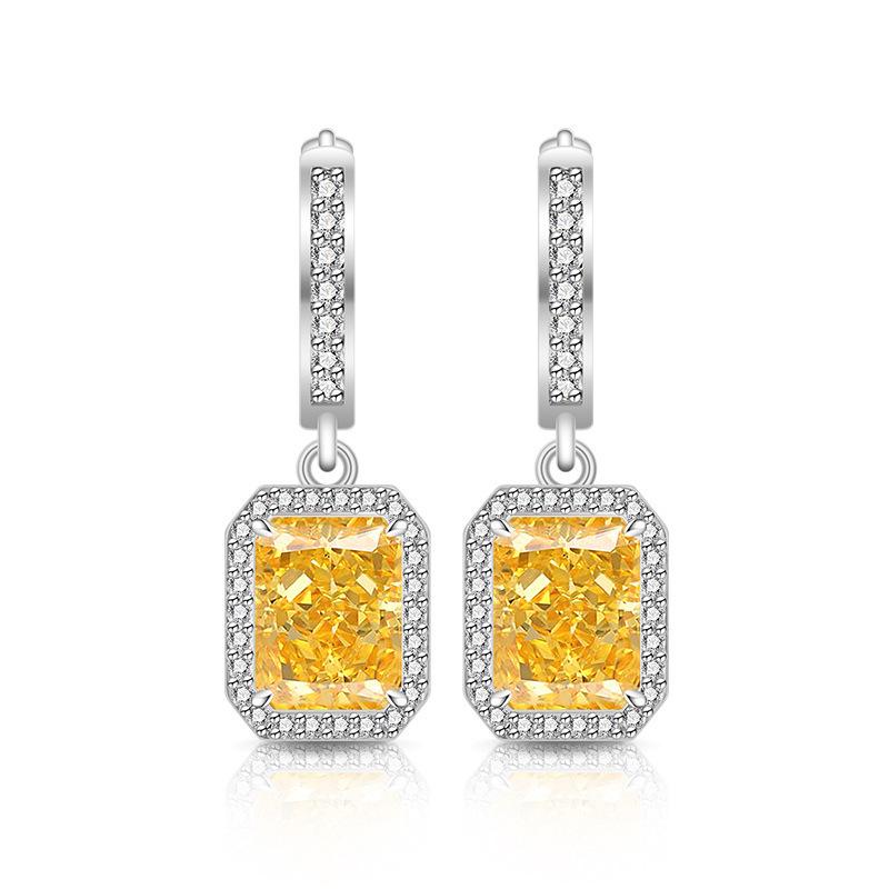2026 Colored Treasure Ice Flower Cut High Carbon Diamond Square Earrings Plated with Real Gold Smart Luxury Ear Hook Ear Jewelry