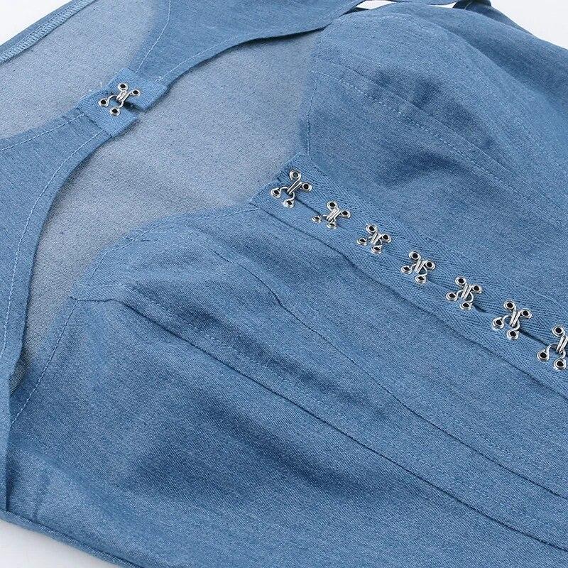 Vintage Blue Denim Hollow Out Sexy Tank Top For Women Fashion Sleeveless Crop Tops Woman Chic Buckle Slim Fit Corset Tanks 30726