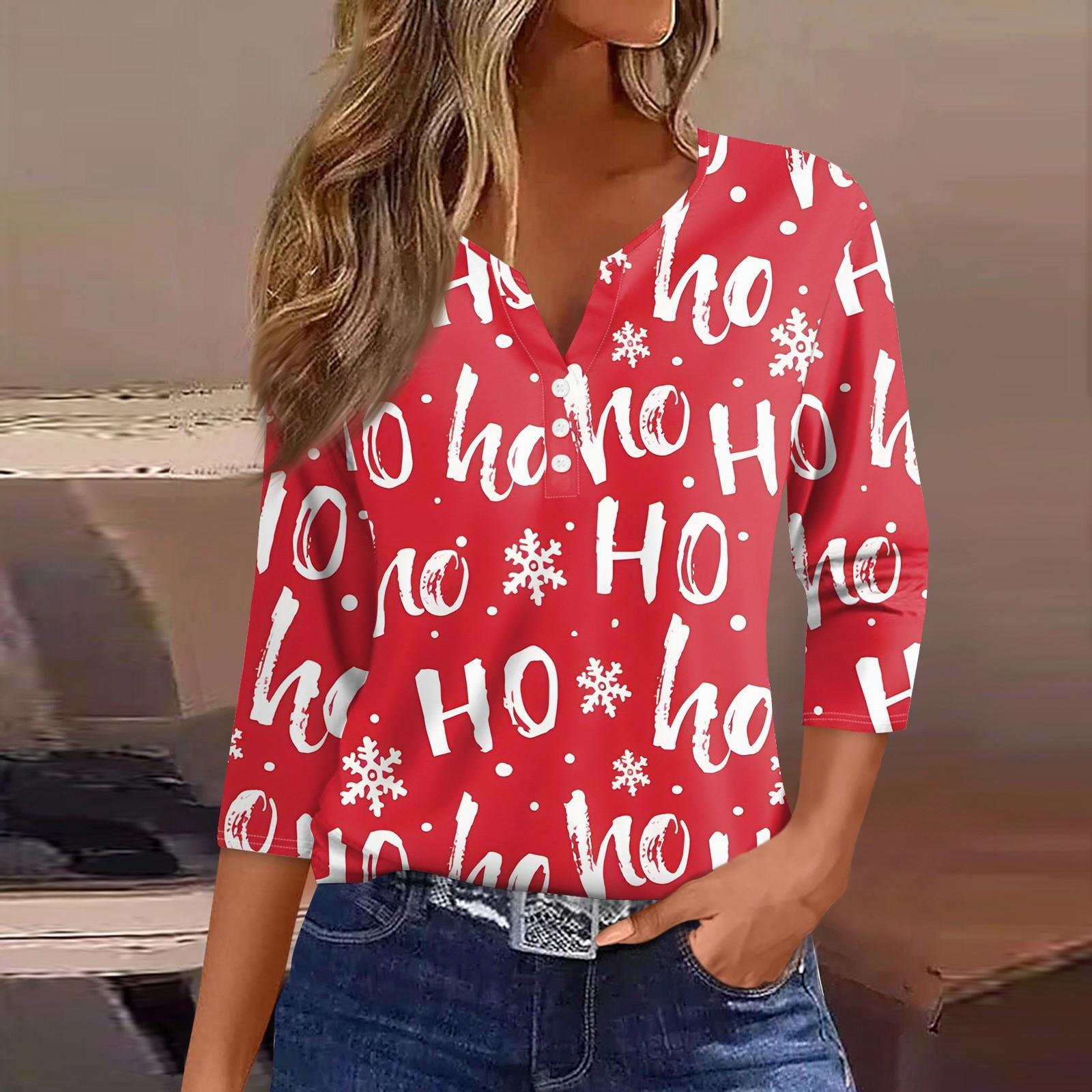 

Женская футболка с рождественским принтом, на пуговицах, рукав 3/4, повседневная мода на выходные, базовый топ с V-образным вырезом XXXL