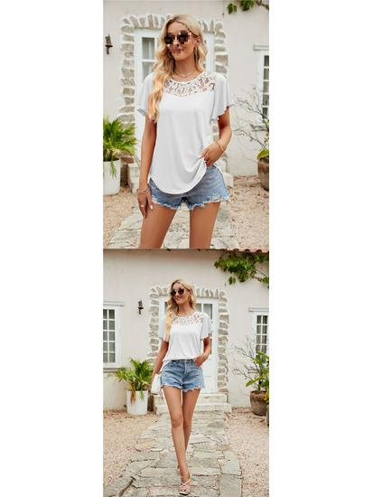 European and American Women's Solid Color Mesh Ruffle Short Sleeve T-shirt