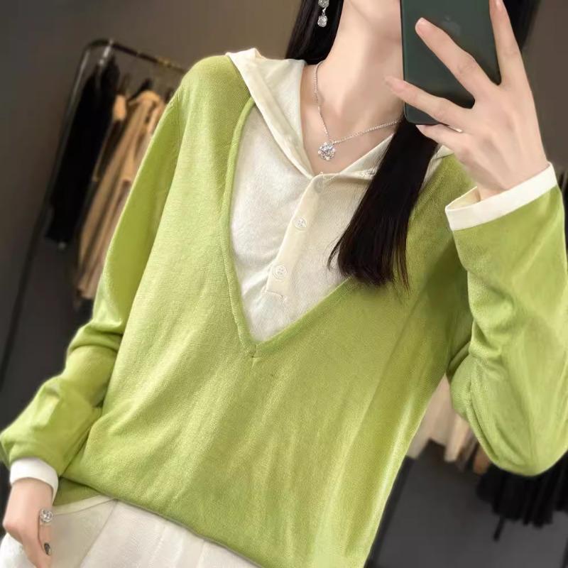 Women's Comfortable Sweater with Hooded Two New Knitted Sweater Fake Outer Wear Early Autumn Loose Pullover Hooded Color Matching