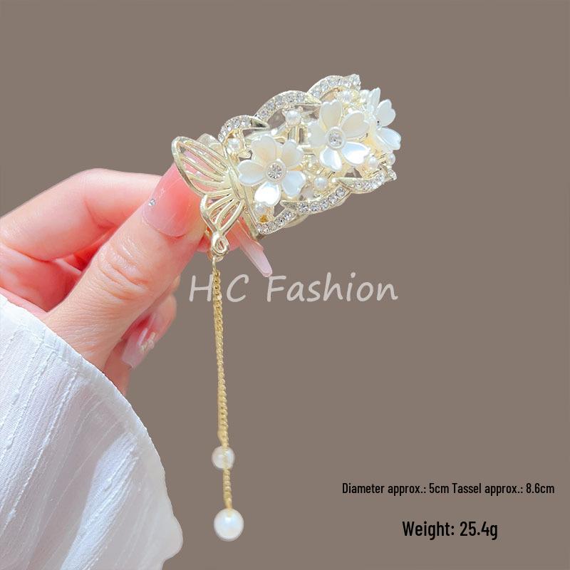 Püsküllü Beyaz Lotus İnci Yüksek At Kuyruğu Saç Tokası, Kadınlar İçin Yarı Bağlı Saç Sabitleme için Başın Arkasına Takılan Toka.