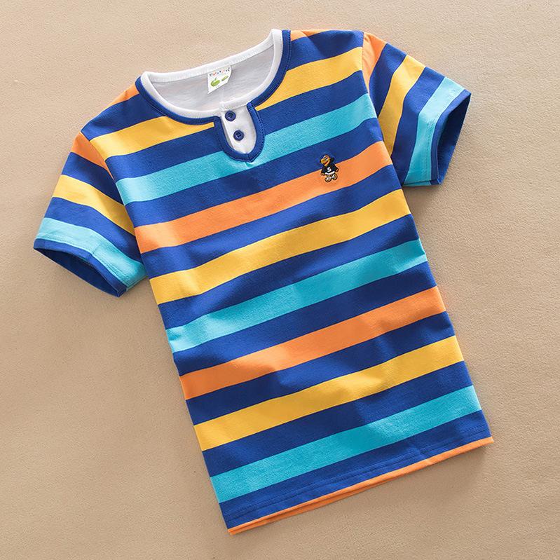 Jongens Korte Mouw T-shirt Meisjes Kinderkleding Katoen 0-15 Jaar Klein Medium Groot Gestreept Nep Twee Delig Zomerjurk 120cm blue