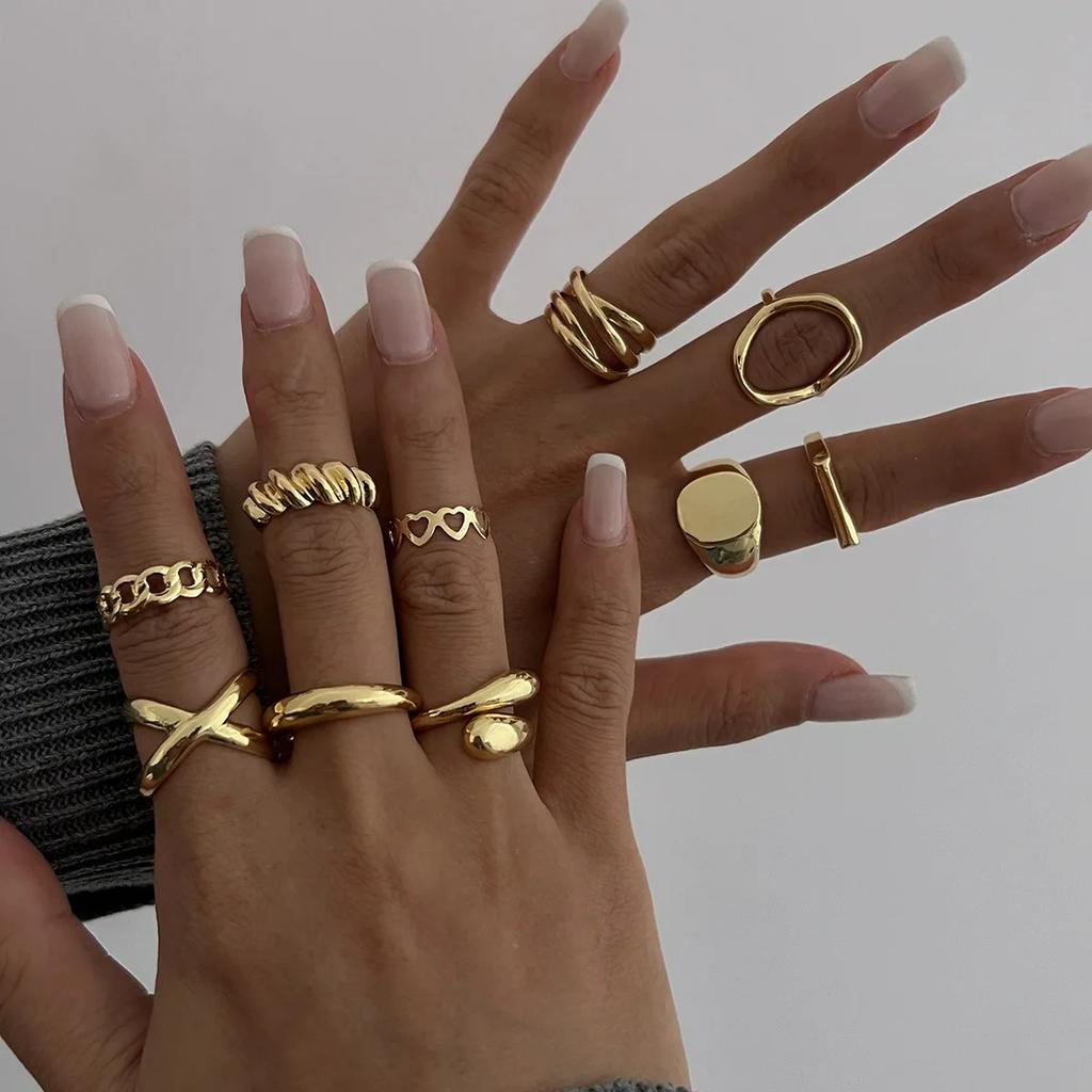 10Pcs/Set Geometric Trendy Gold Copper Color Cuff Rings Set For Women Girl Metallic Stainless Steel Minimalism Fashion Chic Ring