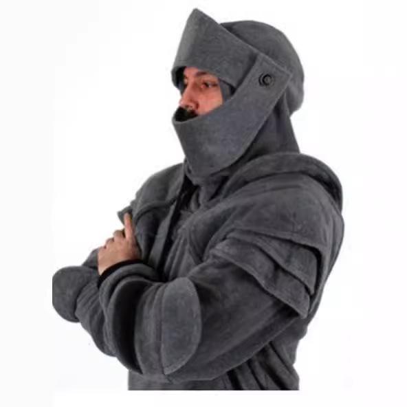 Men's Halloween Knight Hoodie with Mask, Elbow Pads, Drawstring, and Kangaroo Pocket - Solid Color Cosplay Costume