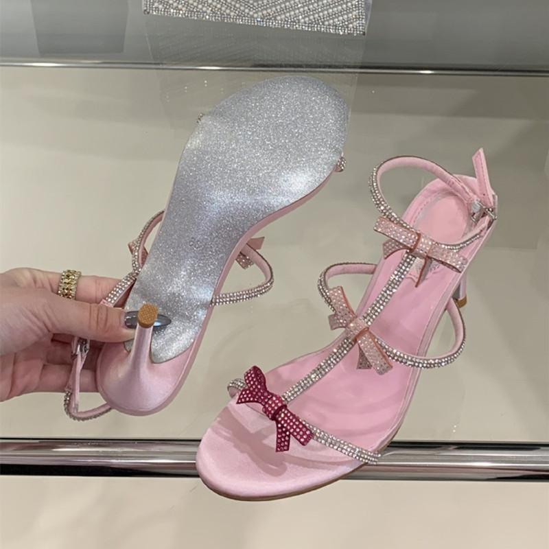 Sweet Pink Bowknot Rhinestones T-Strap Women Gladiator Sandals Summer Slingbacks Thin High heels Party Wedding shoes