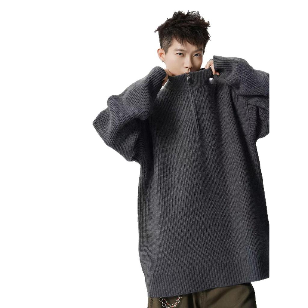 Men's High-Neck Half-Zip Loose Knit Sweater - Retro Style, Solid Color, Versatile for Autumn/Winter.