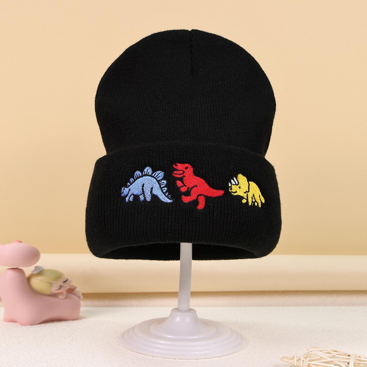 Cartoon Dinosaur Pattern Embroidery Thermal Knitted Hat Simple Autumn And Winter Fashion Thermal Basin Hat Round Hat
