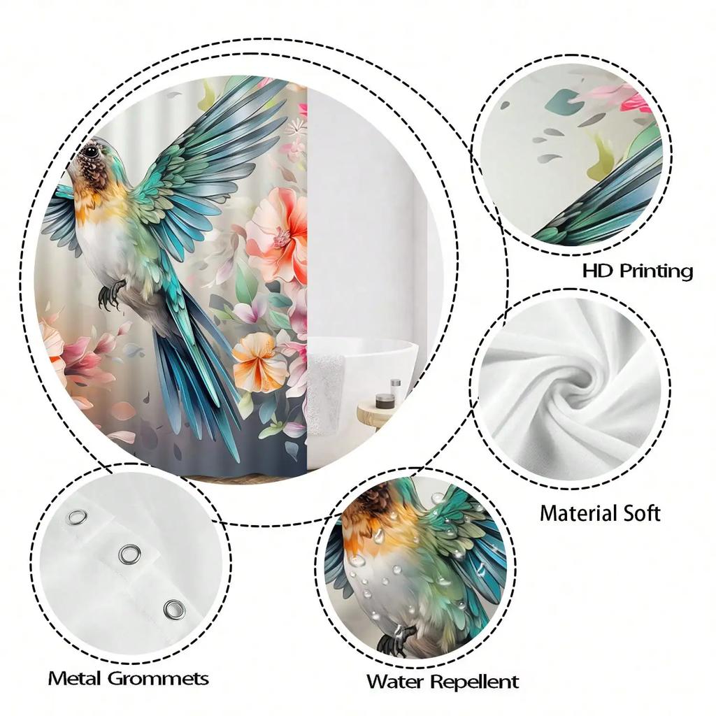Vibrant Hummingbird Shower Curtain: Embrace the Artistic Design, Soft Fabric, and Floral Vibes for Your Charming Bathroom