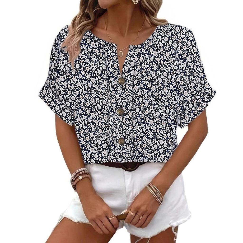 Women's Short Sleeve Pullover Top Floral Print Button Detail Casual Loose Fit Lightweight Blouse for Spring Summer Autumn