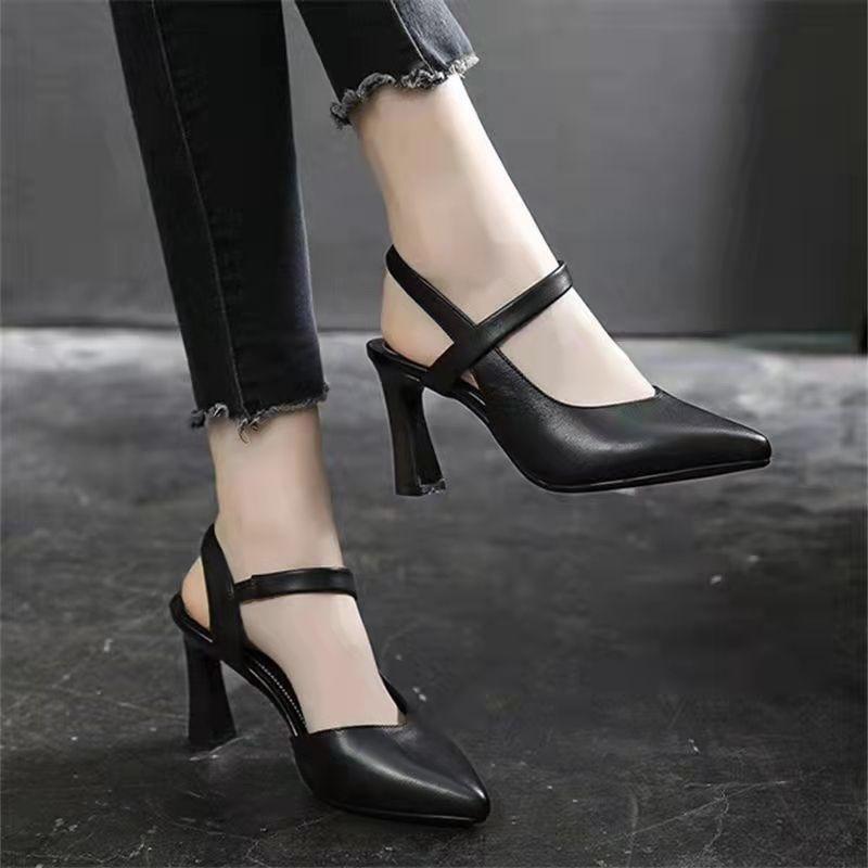 34-42 Soft Leather High Heels Women's Pointed Toe Baotou All-match Thick Heel One-word Belt Mother Sandals