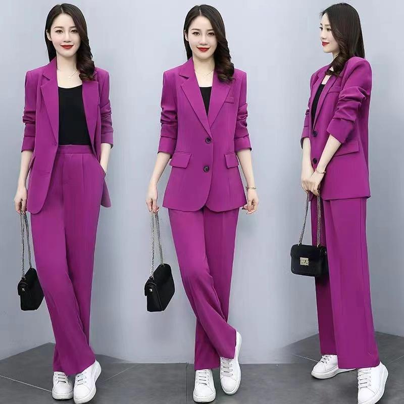 Women's Spring and Fall Temperament Thin Professional Suit Plus Size Long-sleeved Suit Jacket + Wide Leg Pants Two-piece Set