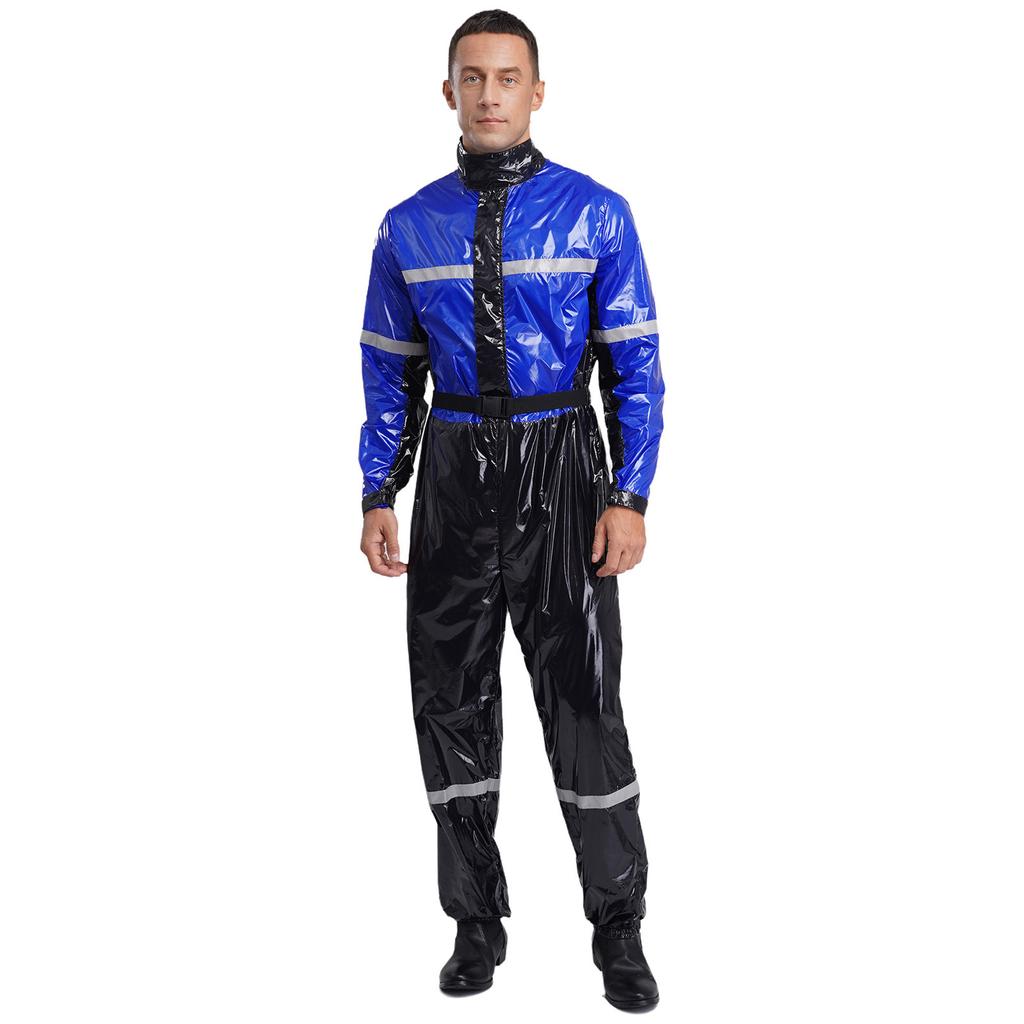 Men Stand Collar Long Sleeve Zipper Belted Jumpsuit Work Coveralls