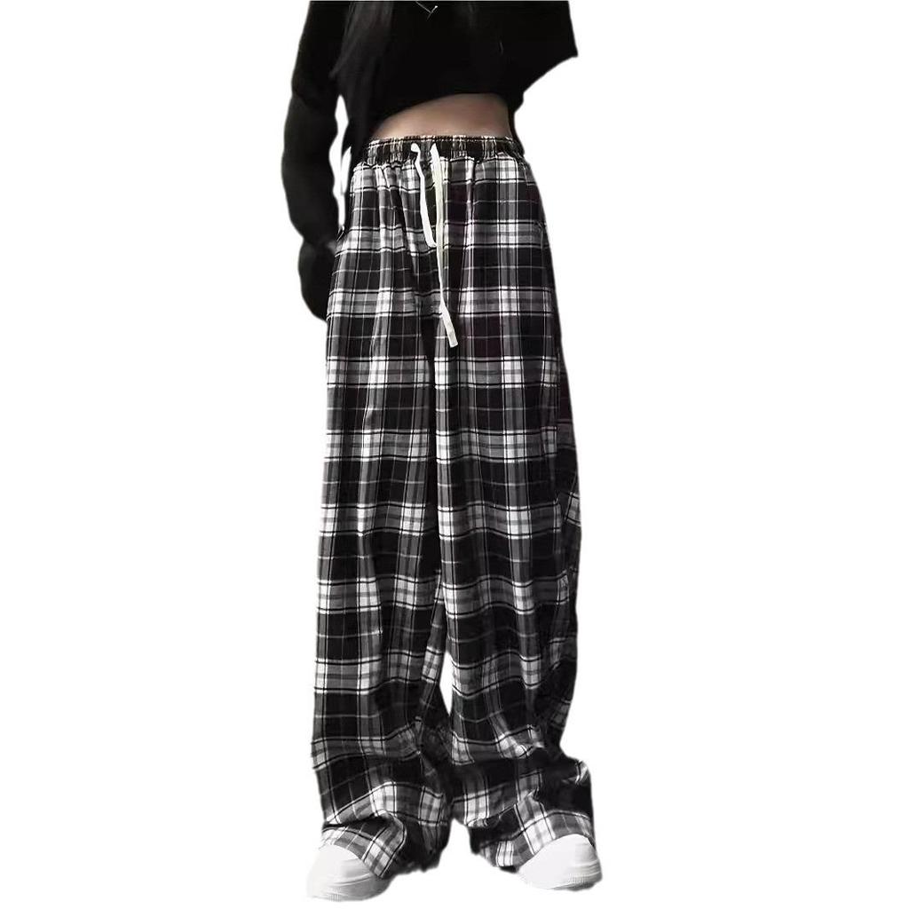 2026 Summer High-Waisted Plaid Loose Pants - Black and White