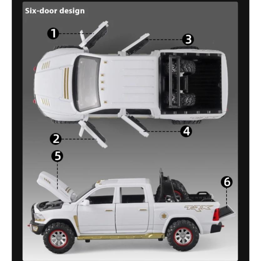 1/32 Scale Dodge RAM Pickup Truck Alloy Model with Sound, Light & Spring-Back Action - Kids' Toy for Adventurous Play