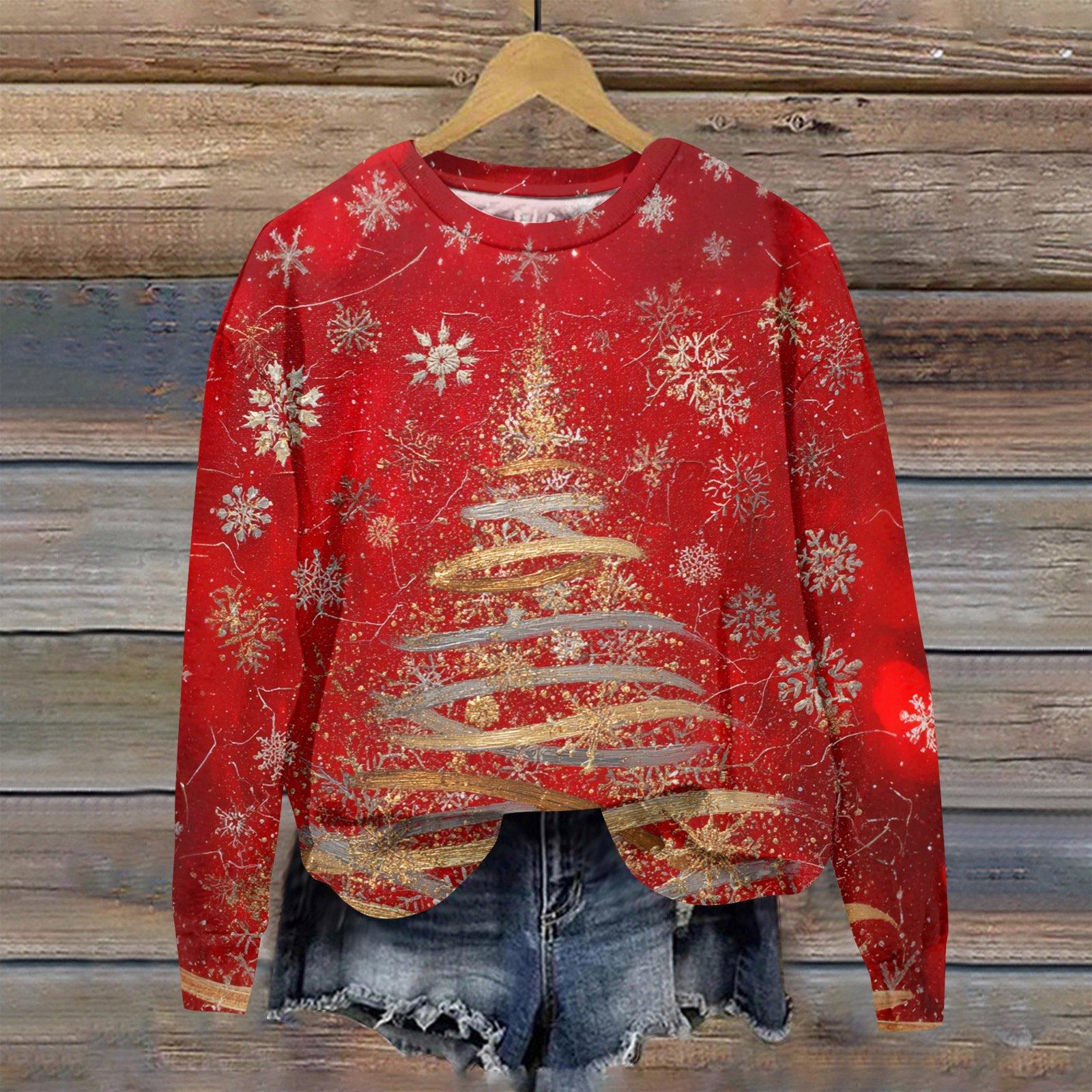 

Женская модная рождественская принтованная толстовка с длинным рукавом и круглым вырезом M винный