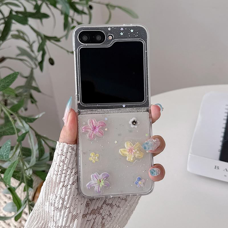 Clear Glitter Cute Flower Phone Case For Samsung Galaxy Z Flip 8 7 6 5 4 Z Flip7 Flip6 Cover with Chain Korean Cases Hard Funda