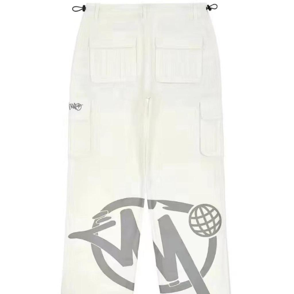 Retro American Hip Hop Wide Leg Pants with Pocket Print Casual Loose Workwear Trousers for Men Dance Scene Comfortable Fit
