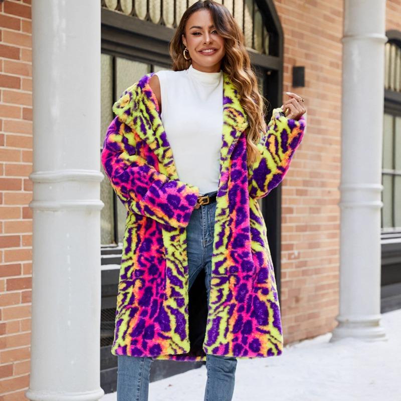 Imitation Fur Bump Color Leopard Print Fluffy Jacket Hooded Warm Long Plush Coat