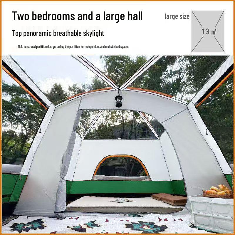 Outdoor Camping Tent: Large, Portable, Sun-Protected, Rainproof, 2 Rooms + Living Area, Fits 8-12 People