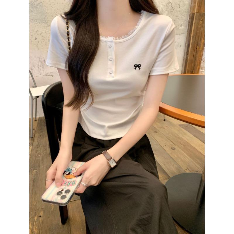Gray Lace Lace Front Shoulder Short Sleeve T-shirt for Women In Summer New Pleated Waist Bow Short Top