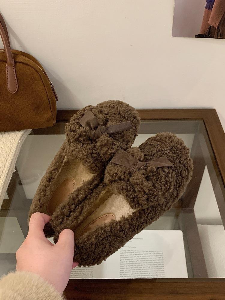 

thick-soled French bow fluffy shoes outer wear 2025 autumn and winter warm cotton shoes Doudou shoes 40 темно-коричневого