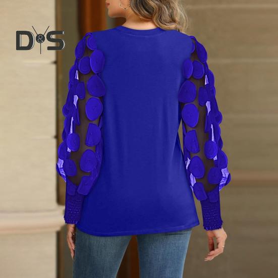 Damen-Oberteile, Rundhalsausschnitt, Mesh, hohl, Puffärmel, Pullover, Oberteile, einfarbig, vielseitige Styling-Bluse