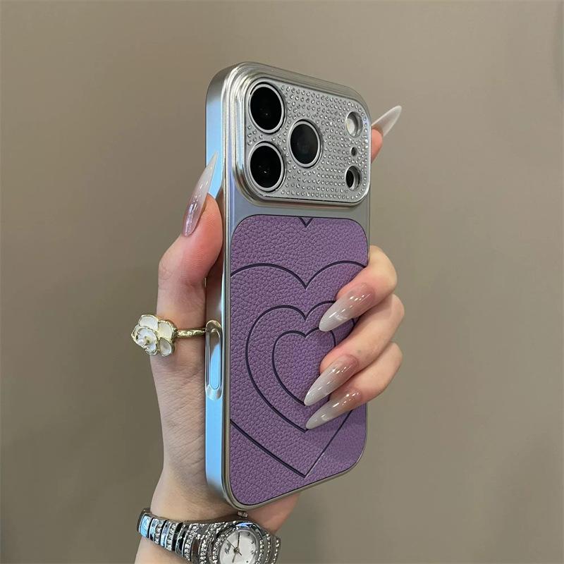 Rhinestone Heart Leather Texture Drop-Proof Phone Case for iPhone 15Pro, 16Pro, 17Pro
