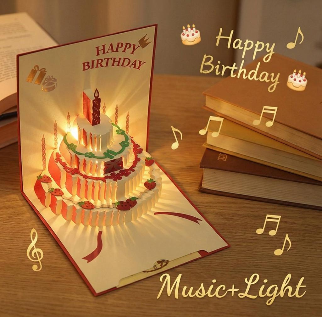 Birthday Card with 3D Light Music Pop-up Cake Creative Greeting Card Gift Message CARDS for Happy Birthday Party