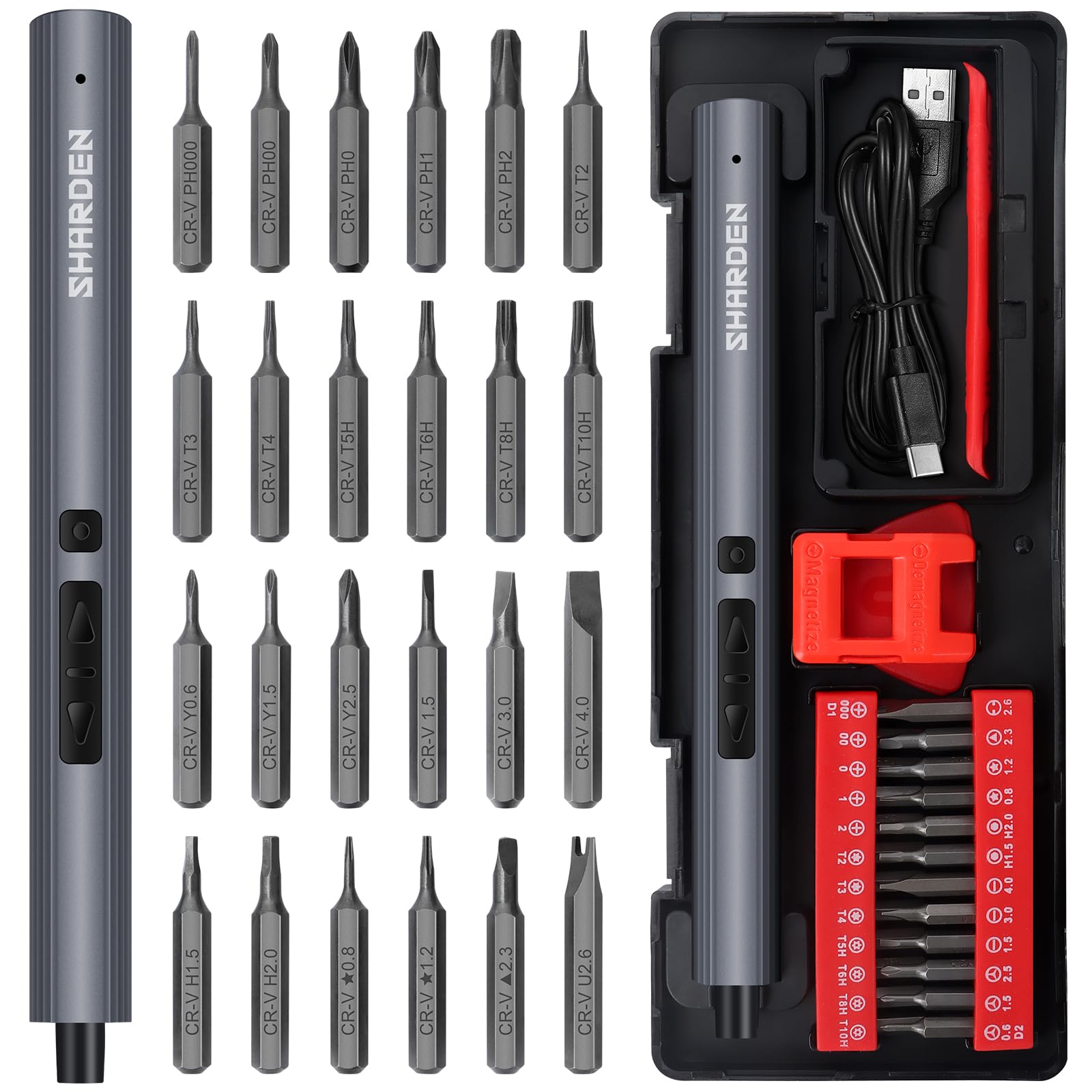 

SHARDEN Mini Electric Screwdriver, 29-in-1 Compact Electric Screwdriver Kit with 24 Magnetic Bits, Precision Cordless Repair Tool for Cell Phones, Cam