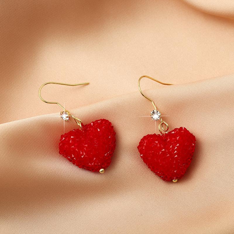 S925 Silver Needle Heart Earrings Full Diamond Valentine's Day Elegant Light Luxury Red Inlaid Diamond Earrings Niche Design Sense Stud Earrings