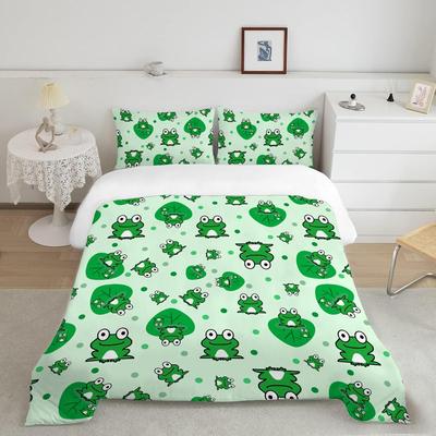 Green Cartoonish And Cute Frog Bedding Kids Double Duvet Set For Microfibre Duvet Cover And 2 Pillowcases 3D Printing Pattern