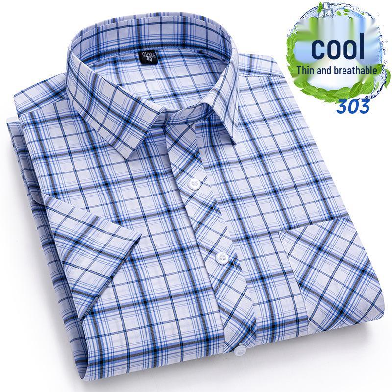 Men's Summer Plaid Cotton Short Sleeve Shirt - Breathable & Sweat-Absorbing