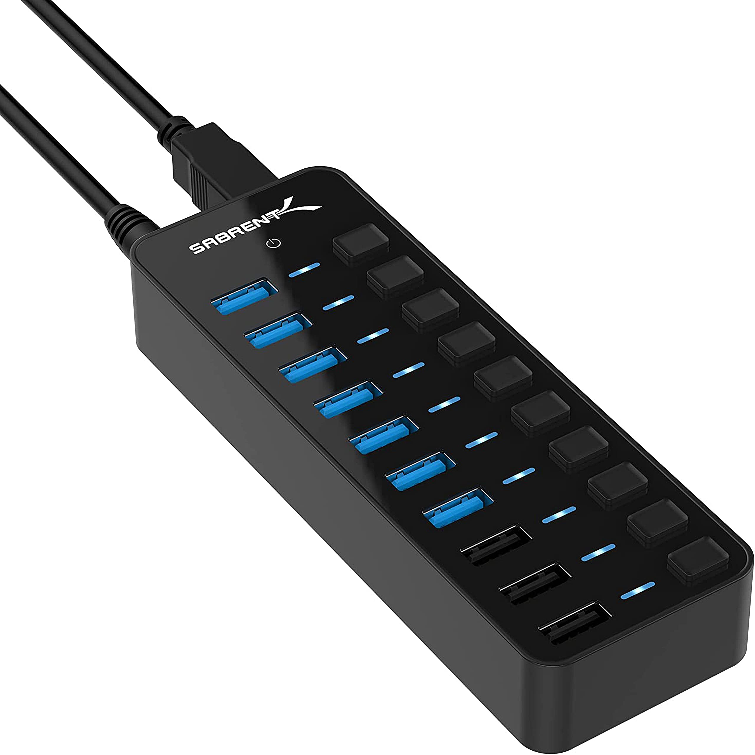 

USB-концентратор SABRENT, адаптер питания Gen 10 с портами, включая 3 интеллектуальных порта зарядки, светодиодная подсветка мощностью 60 Вт, сверхскоростная, 5 Гбит/с, совместимая с Windows и Mac синий